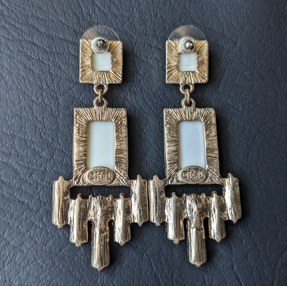 Kenneth Jay Lane KJL Art Deco Retro Cream Black Rhinestone Chandelier Earrings - Picture 10 of 11